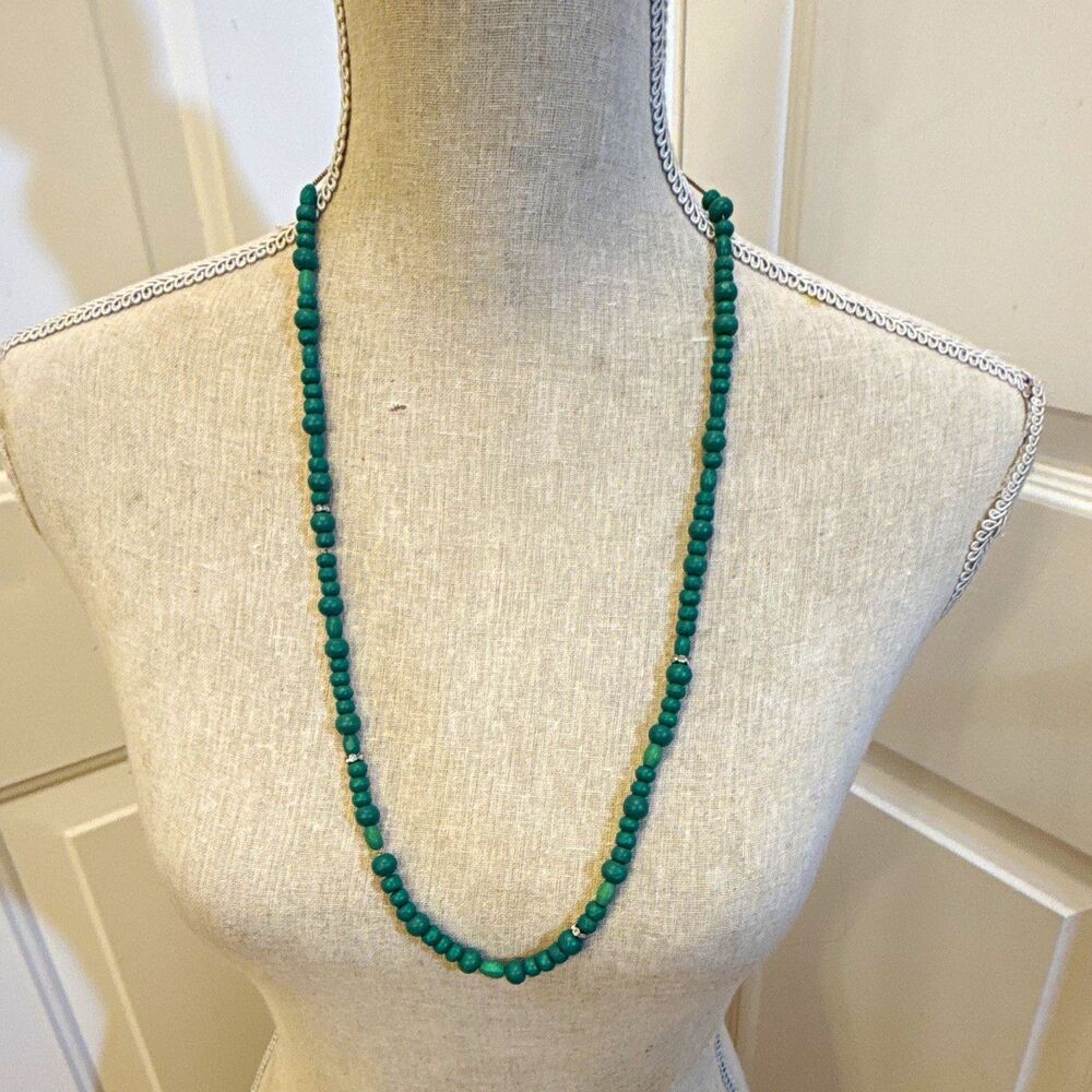J.Crew Green Round Beaded Necklace Gold Plated Bead Chain Lobster Clasp 28 in